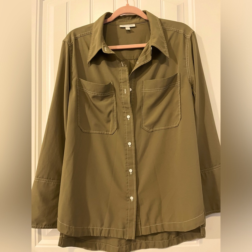 Prologue Women's Olive Green Button-up White Top Stitch Colored Tunic Blouse